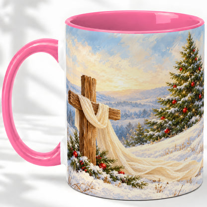 #pl[11oz|Pink] Christmas Cross Accent Ceramic Mug, Winter Landscape