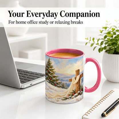 #pl[11oz|Pink] Christmas Cross Accent Ceramic Mug, Winter Landscape