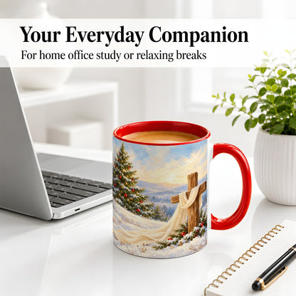 #pl[11oz|Red] Christmas Cross Accent Ceramic Mug, Winter Landscape