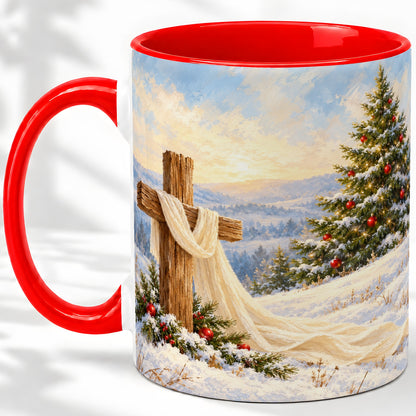 Christmas Cross Accent Ceramic Mug, Winter Landscape