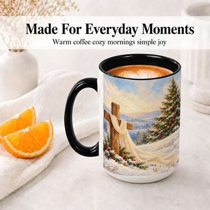 #pl[15oz|Black] Christmas Cross Accent Ceramic Mug, Winter Landscape