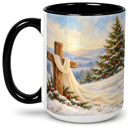 #pl[15oz|Black] Christmas Cross Accent Ceramic Mug, Winter Landscape