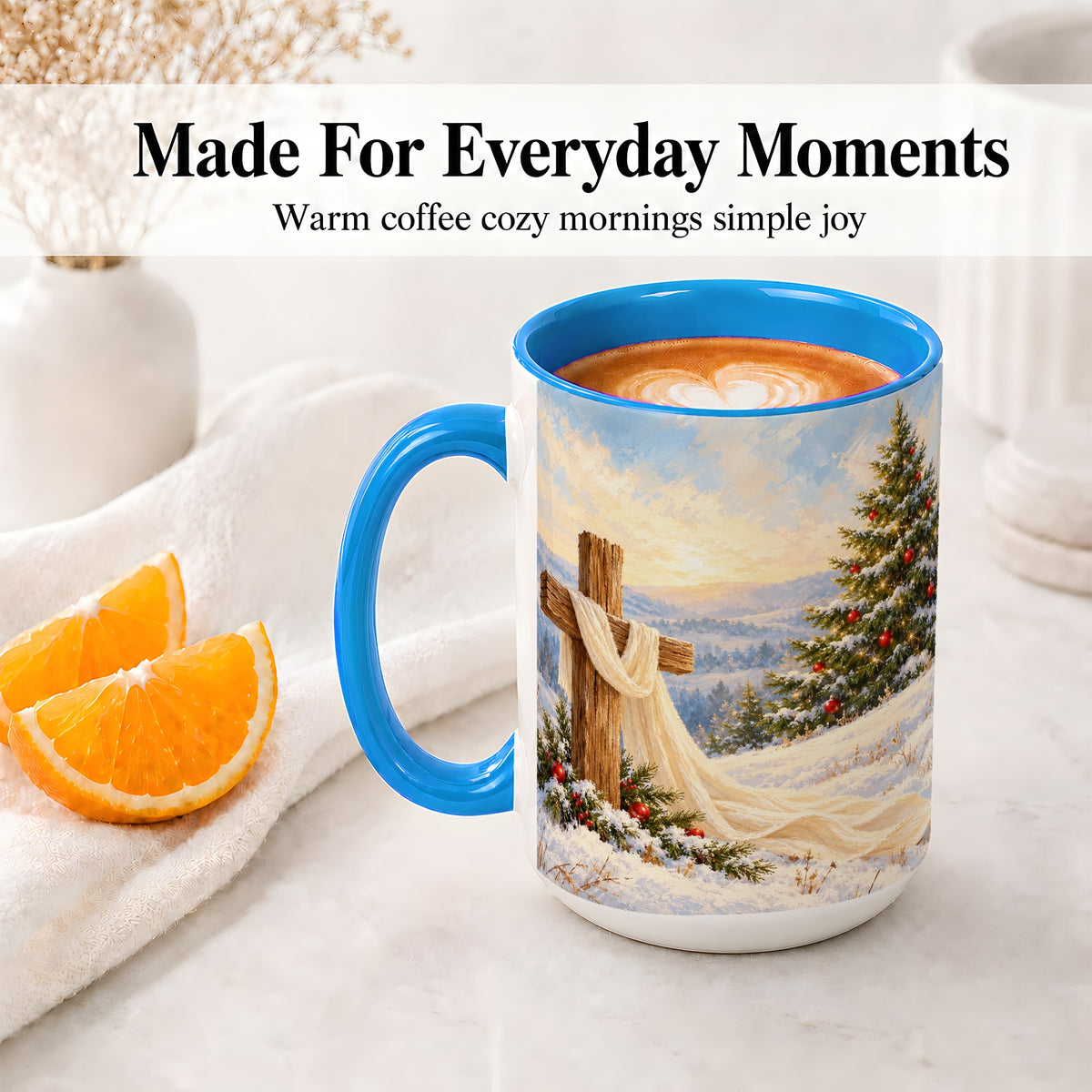 #pl[15oz|Blue] Christmas Cross Accent Ceramic Mug, Winter Landscape