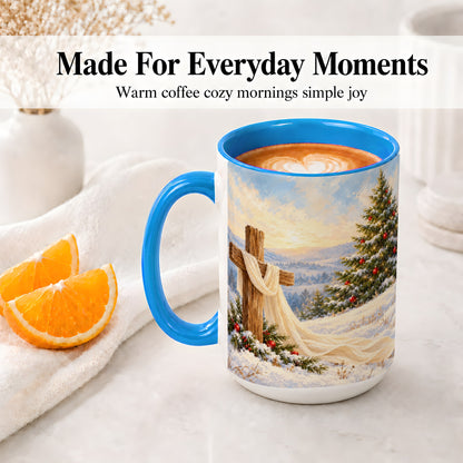 #pl[15oz|Blue] Christmas Cross Accent Ceramic Mug, Winter Landscape