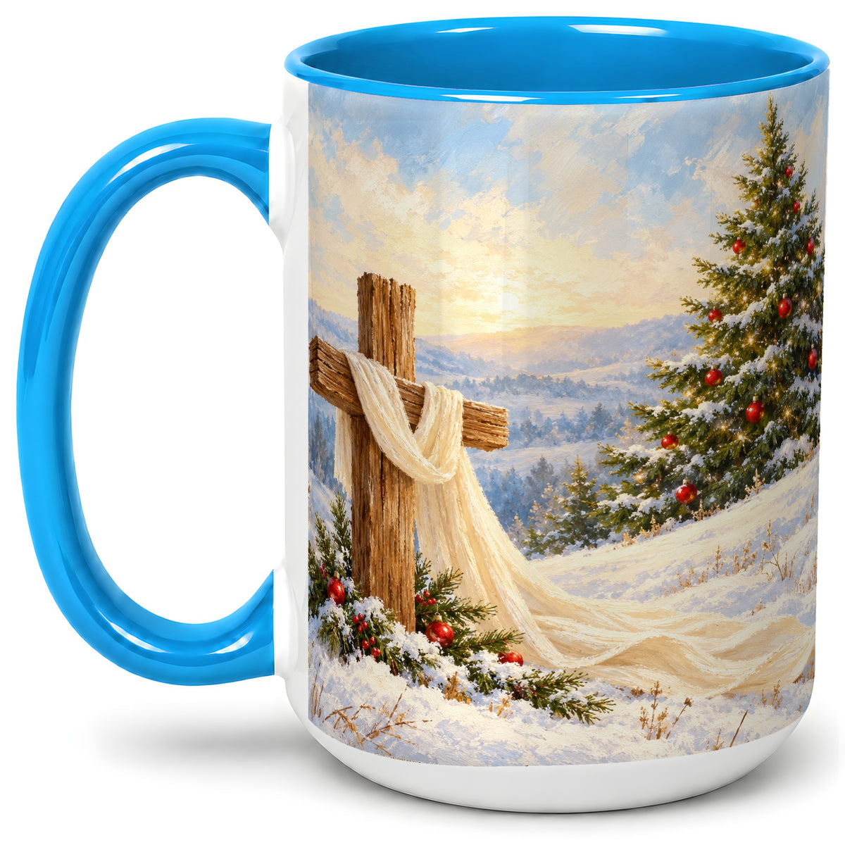 #pl[15oz|Blue] Christmas Cross Accent Ceramic Mug, Winter Landscape