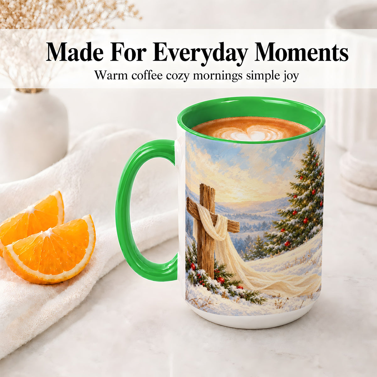 #pl[15oz|Green] Christmas Cross Accent Ceramic Mug, Winter Landscape