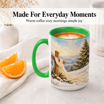 #pl[15oz|Green] Christmas Cross Accent Ceramic Mug, Winter Landscape