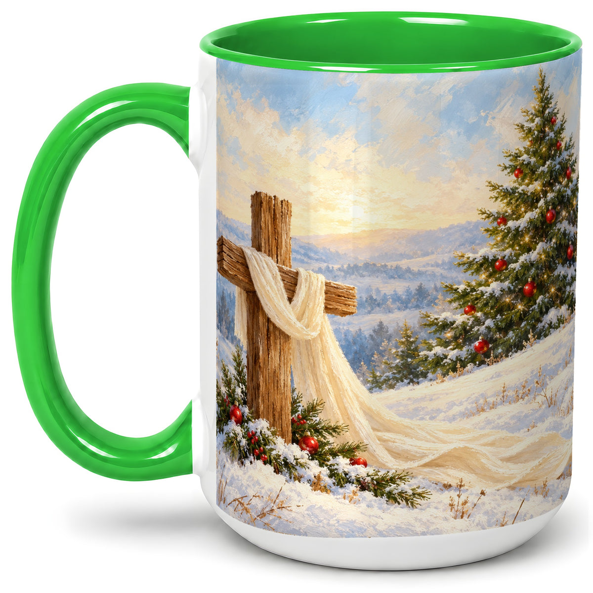 #pl[15oz|Green] Christmas Cross Accent Ceramic Mug, Winter Landscape