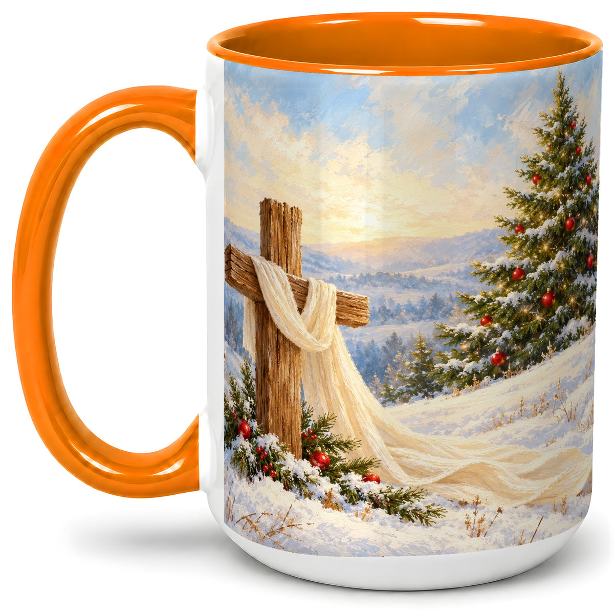 #pl[15oz|Orange] Christmas Cross Accent Ceramic Mug, Winter Landscape