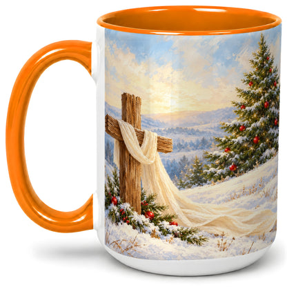 #pl[15oz|Orange] Christmas Cross Accent Ceramic Mug, Winter Landscape