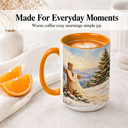#pl[15oz|Orange] Christmas Cross Accent Ceramic Mug, Winter Landscape