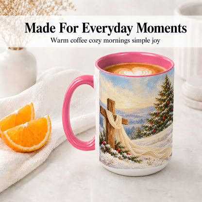 #pl[15oz|Pink] Christmas Cross Accent Ceramic Mug, Winter Landscape