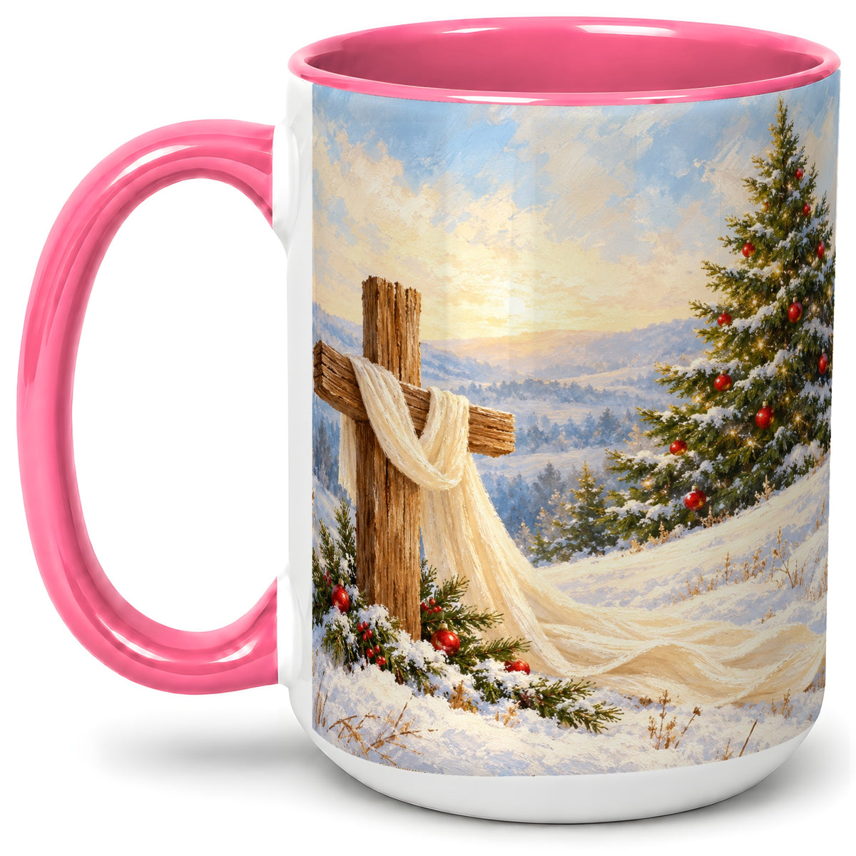 #pl[15oz|Pink] Christmas Cross Accent Ceramic Mug, Winter Landscape