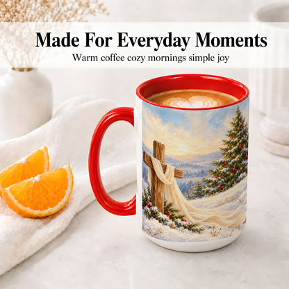 #pl[15oz|Red] Christmas Cross Accent Ceramic Mug, Winter Landscape