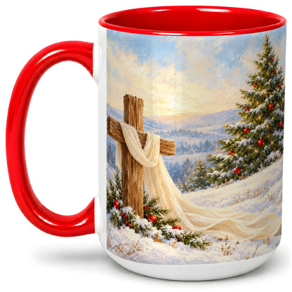 #pl[15oz|Red] Christmas Cross Accent Ceramic Mug, Winter Landscape