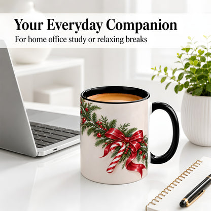 #pl[11oz|Black] Christmas Garland Accent Ceramic Mug, Red Bow Candy Cane