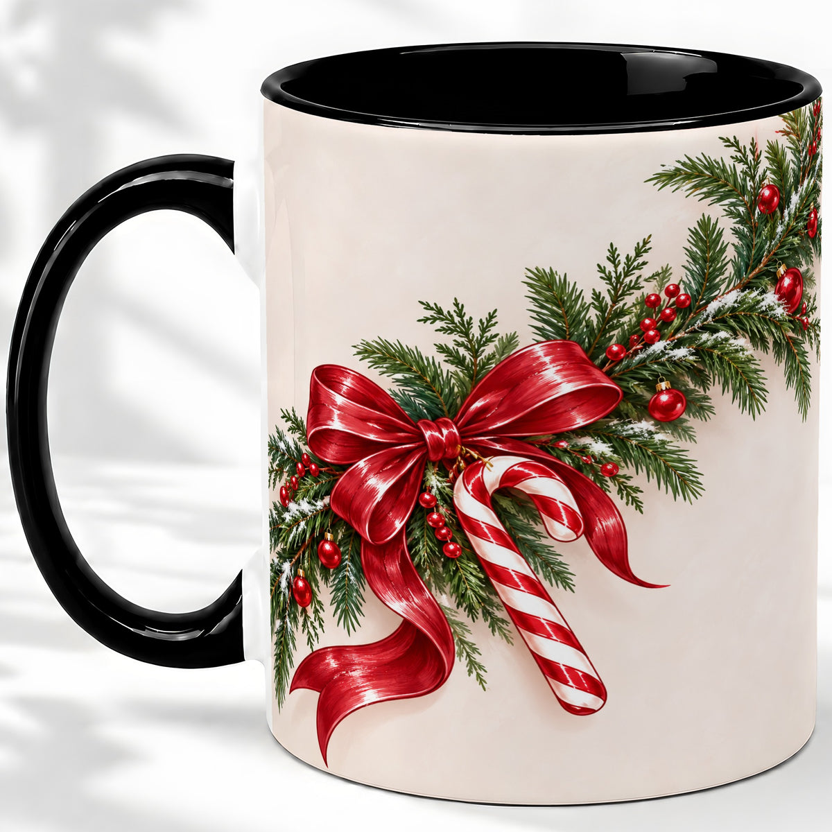 #pl[11oz|Black] Christmas Garland Accent Ceramic Mug, Red Bow Candy Cane