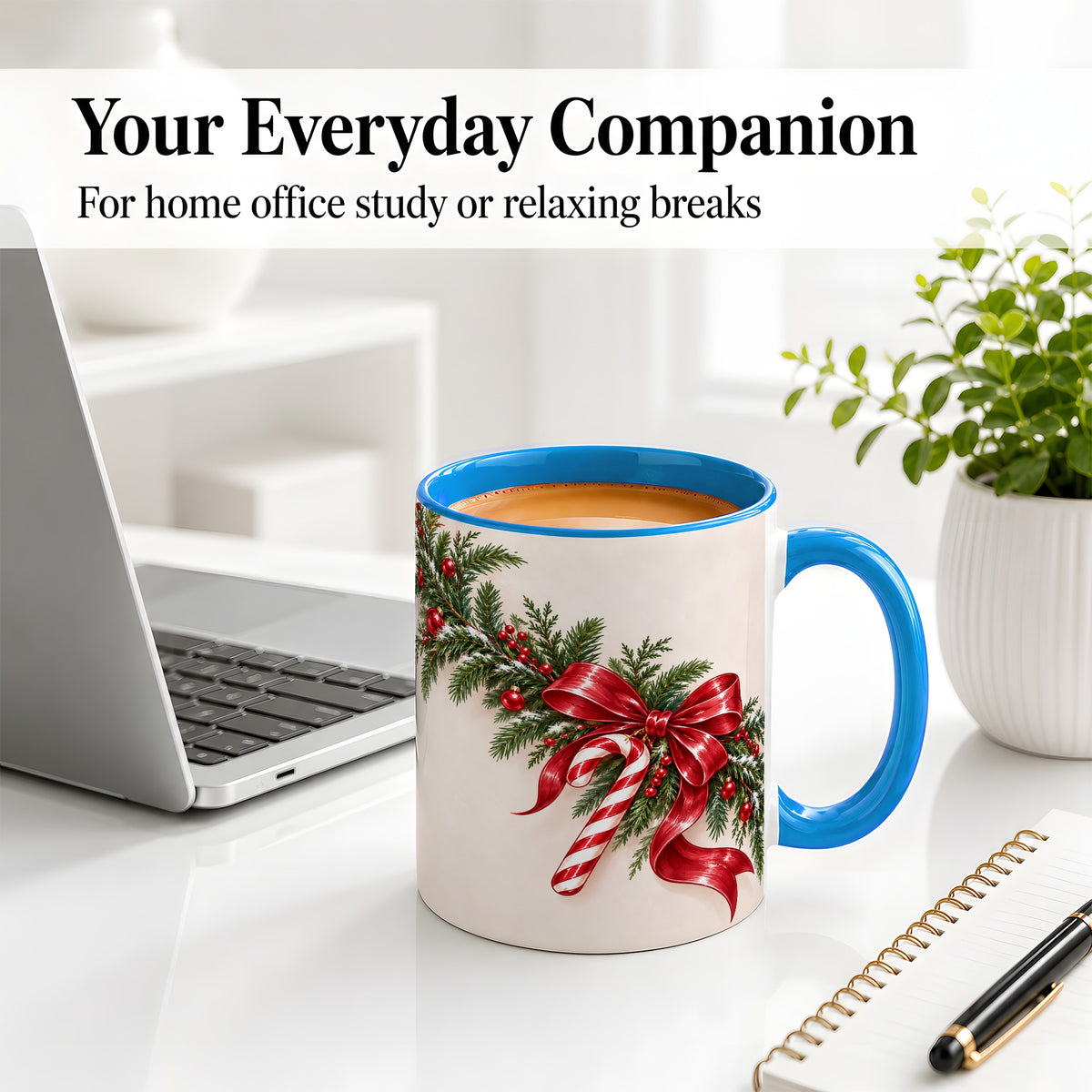 #pl[11oz|Blue] Christmas Garland Accent Ceramic Mug, Red Bow Candy Cane