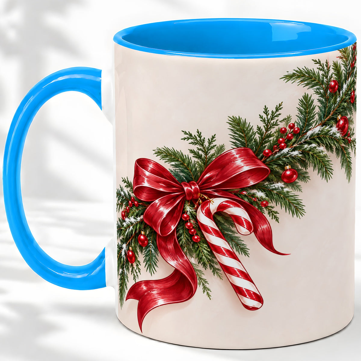 #pl[11oz|Blue] Christmas Garland Accent Ceramic Mug, Red Bow Candy Cane