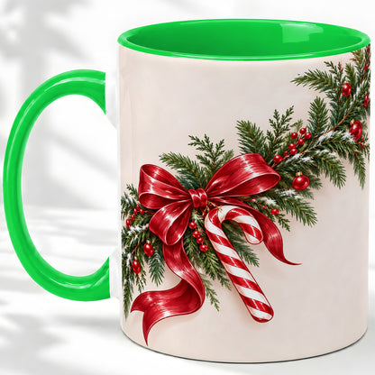 #pl[11oz|Green] Christmas Garland Accent Ceramic Mug, Red Bow Candy Cane