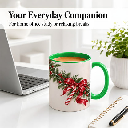 #pl[11oz|Green] Christmas Garland Accent Ceramic Mug, Red Bow Candy Cane