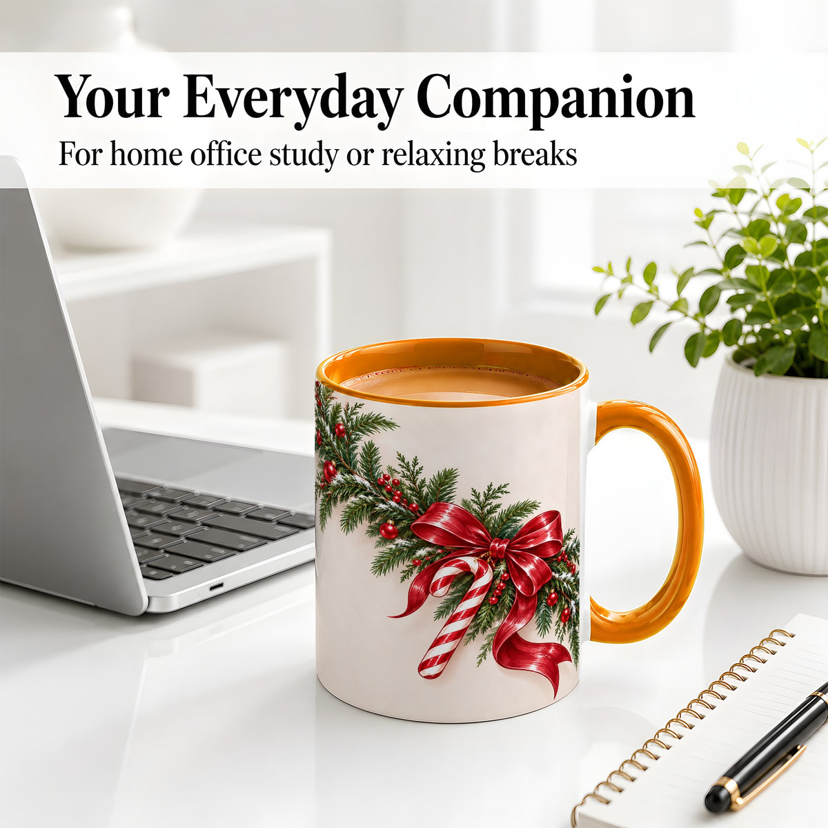 #pl[11oz|Orange] Christmas Garland Accent Ceramic Mug, Red Bow Candy Cane