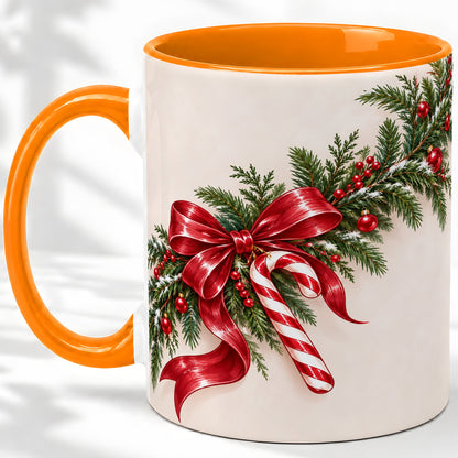 #pl[11oz|Orange] Christmas Garland Accent Ceramic Mug, Red Bow Candy Cane