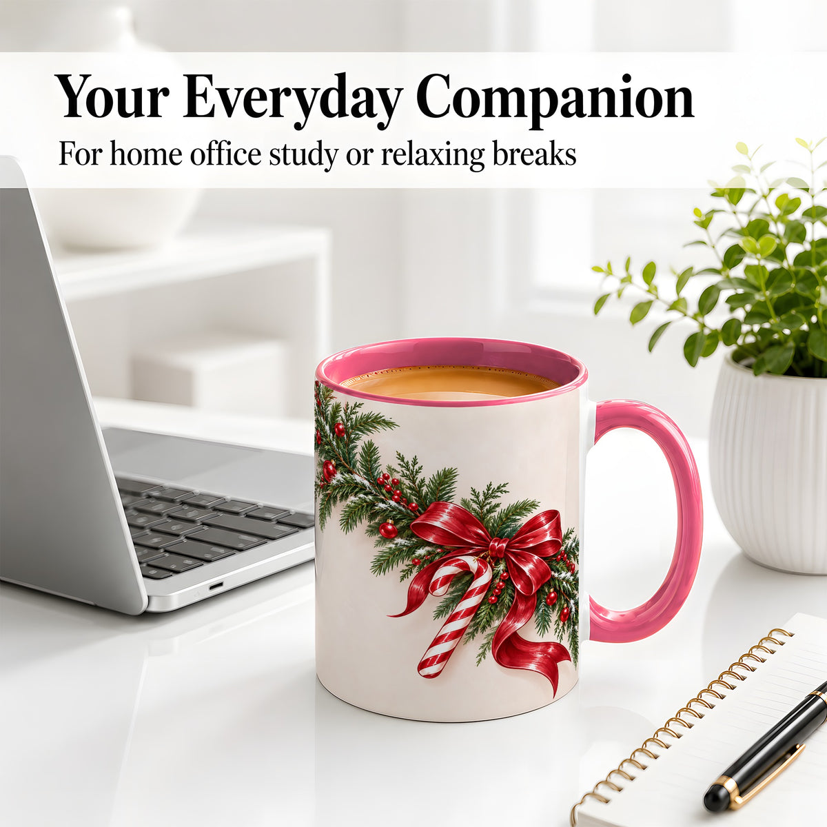 #pl[11oz|Pink] Christmas Garland Accent Ceramic Mug, Red Bow Candy Cane