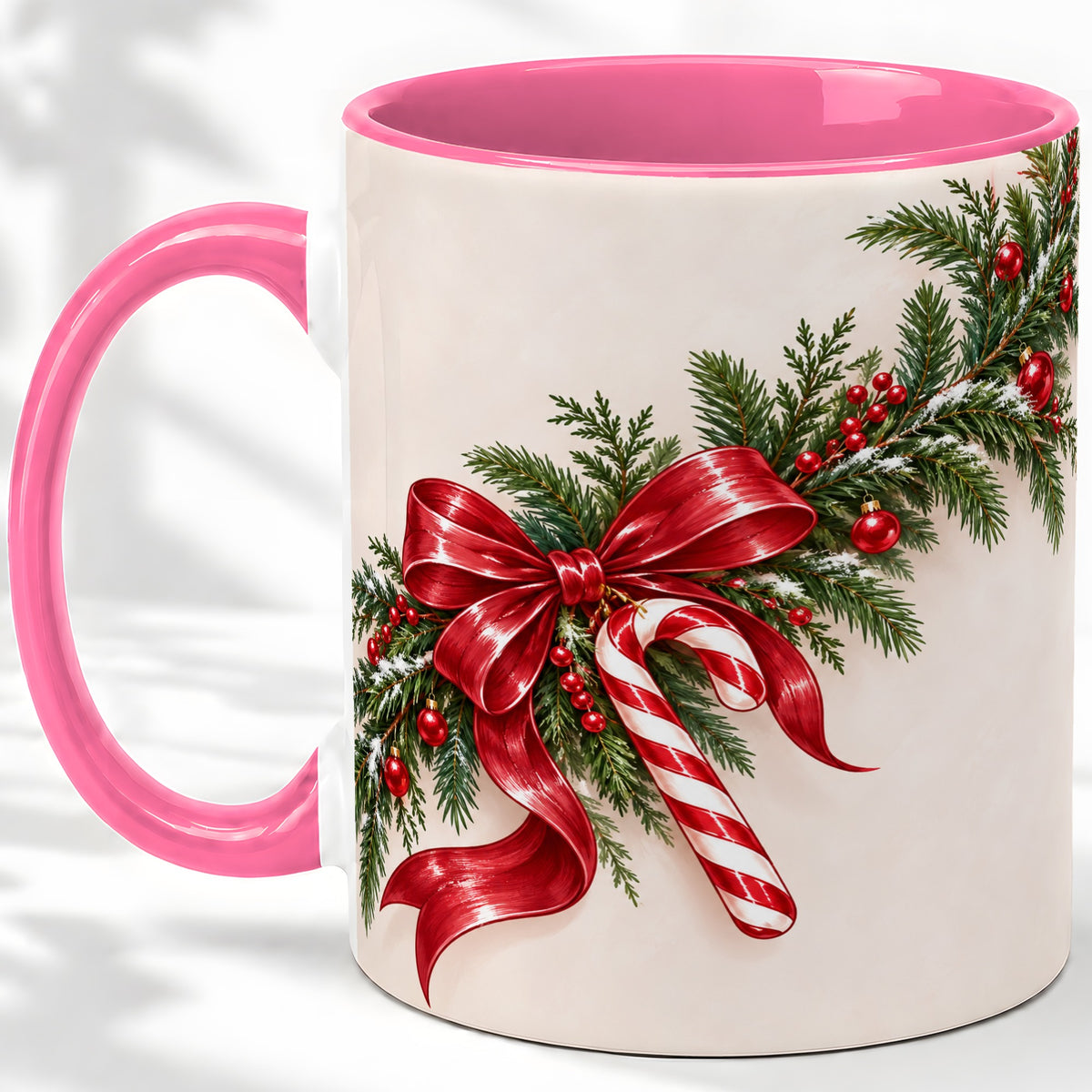 #pl[11oz|Pink] Christmas Garland Accent Ceramic Mug, Red Bow Candy Cane