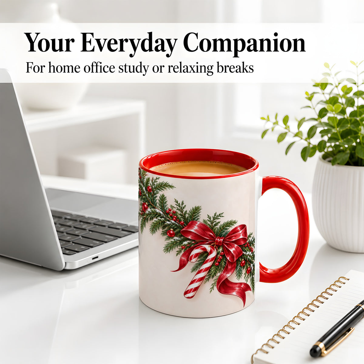 #pl[11oz|Red] Christmas Garland Accent Ceramic Mug, Red Bow Candy Cane