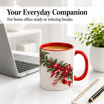 #pl[11oz|Red] Christmas Garland Accent Ceramic Mug, Red Bow Candy Cane
