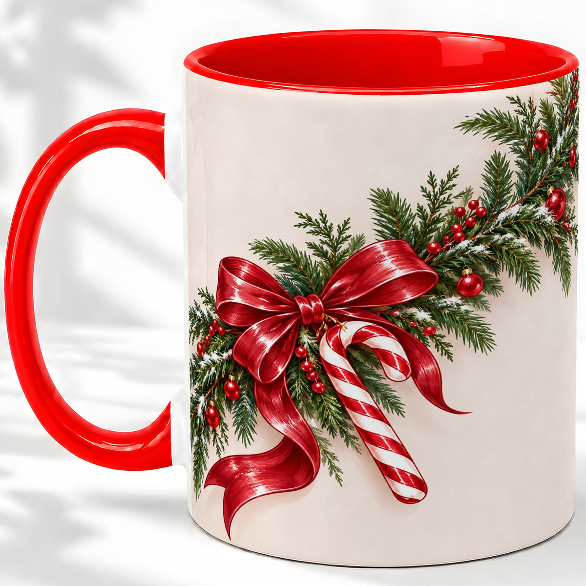 Christmas Garland Accent Ceramic Mug, Red Bow Candy Cane