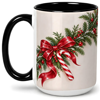 #pl[15oz|Black] Christmas Garland Accent Ceramic Mug, Red Bow Candy Cane