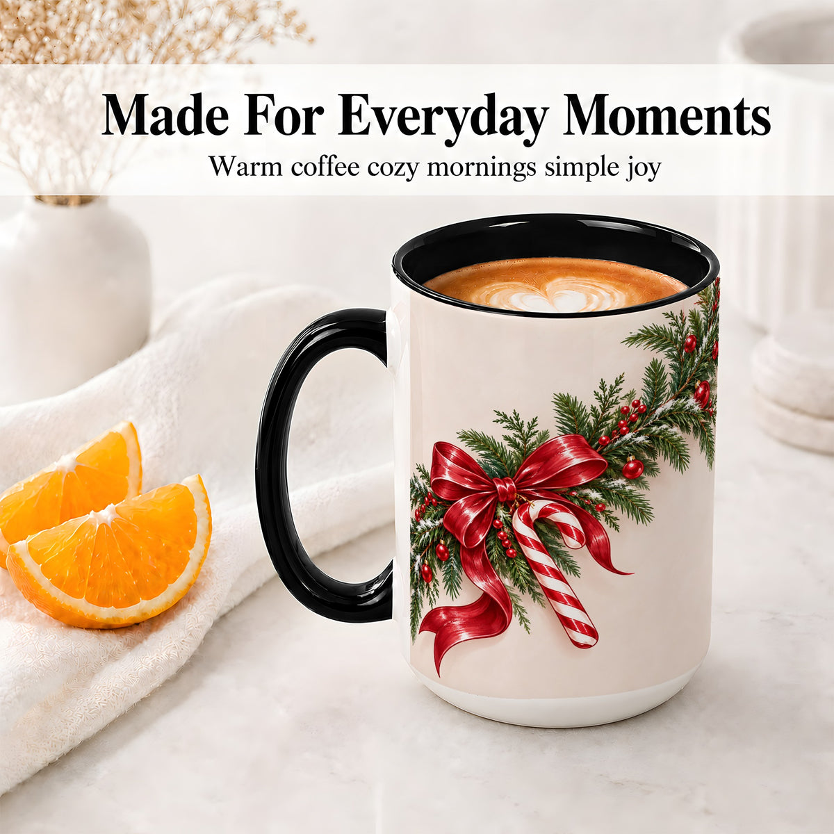 #pl[15oz|Black] Christmas Garland Accent Ceramic Mug, Red Bow Candy Cane