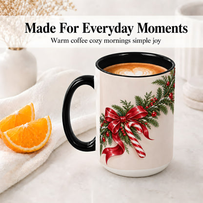 #pl[15oz|Black] Christmas Garland Accent Ceramic Mug, Red Bow Candy Cane