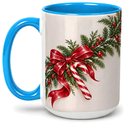 #pl[15oz|Blue] Christmas Garland Accent Ceramic Mug, Red Bow Candy Cane
