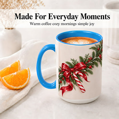 #pl[15oz|Blue] Christmas Garland Accent Ceramic Mug, Red Bow Candy Cane