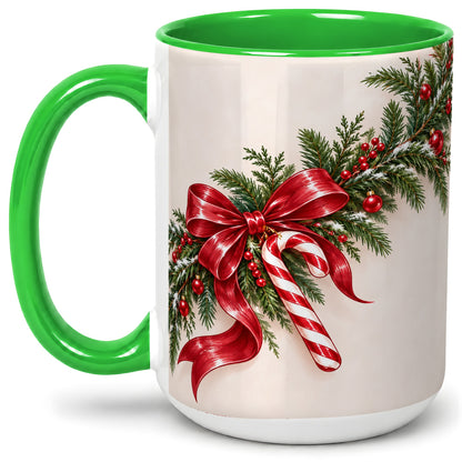 #pl[15oz|Green] Christmas Garland Accent Ceramic Mug, Red Bow Candy Cane
