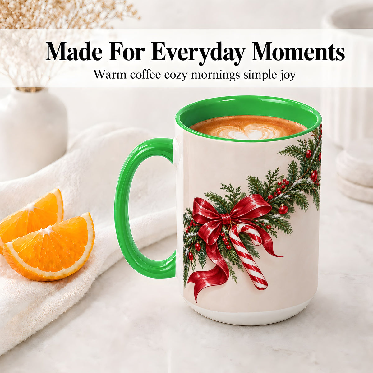 #pl[15oz|Green] Christmas Garland Accent Ceramic Mug, Red Bow Candy Cane