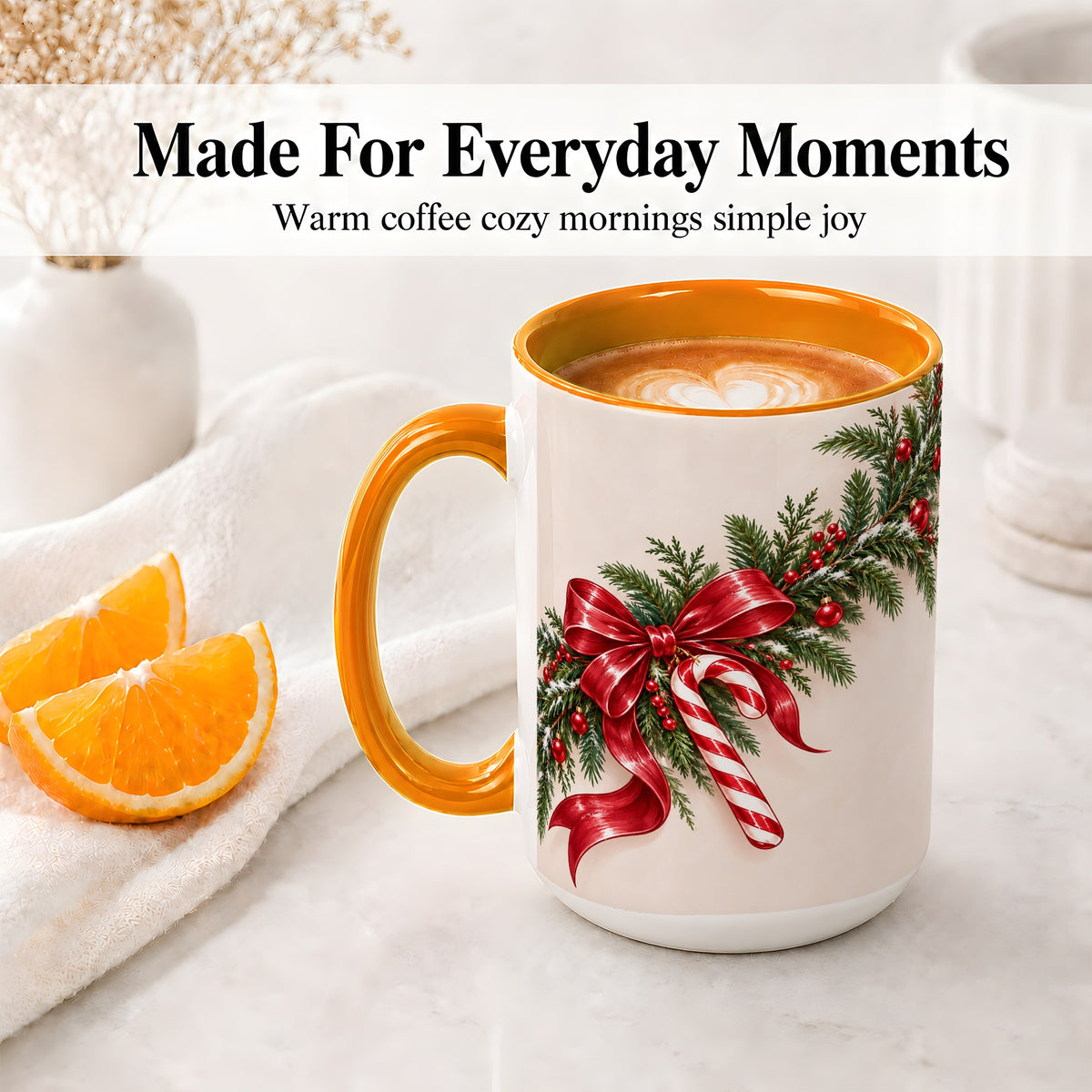 #pl[15oz|Orange] Christmas Garland Accent Ceramic Mug, Red Bow Candy Cane