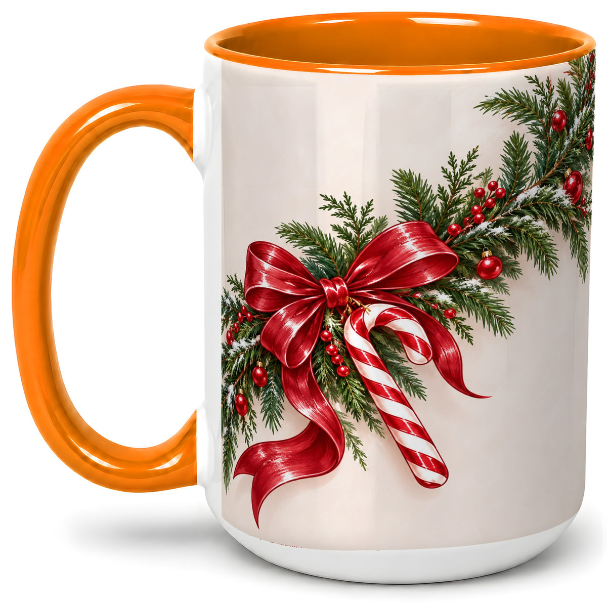 #pl[15oz|Orange] Christmas Garland Accent Ceramic Mug, Red Bow Candy Cane