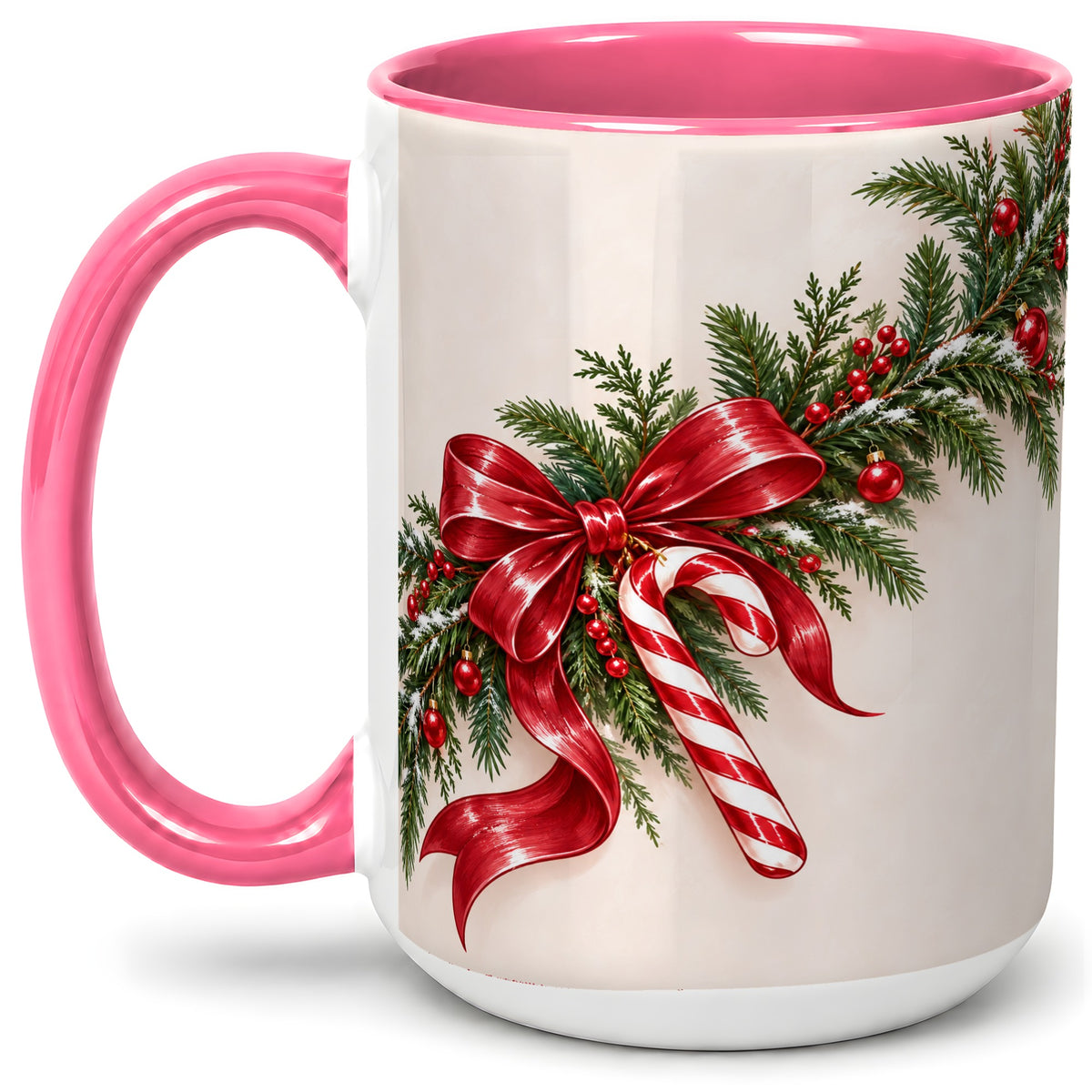 #pl[15oz|Pink] Christmas Garland Accent Ceramic Mug, Red Bow Candy Cane