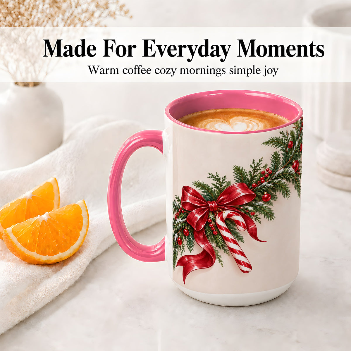 #pl[15oz|Pink] Christmas Garland Accent Ceramic Mug, Red Bow Candy Cane