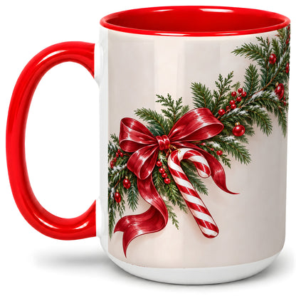 #pl[15oz|Red] Christmas Garland Accent Ceramic Mug, Red Bow Candy Cane