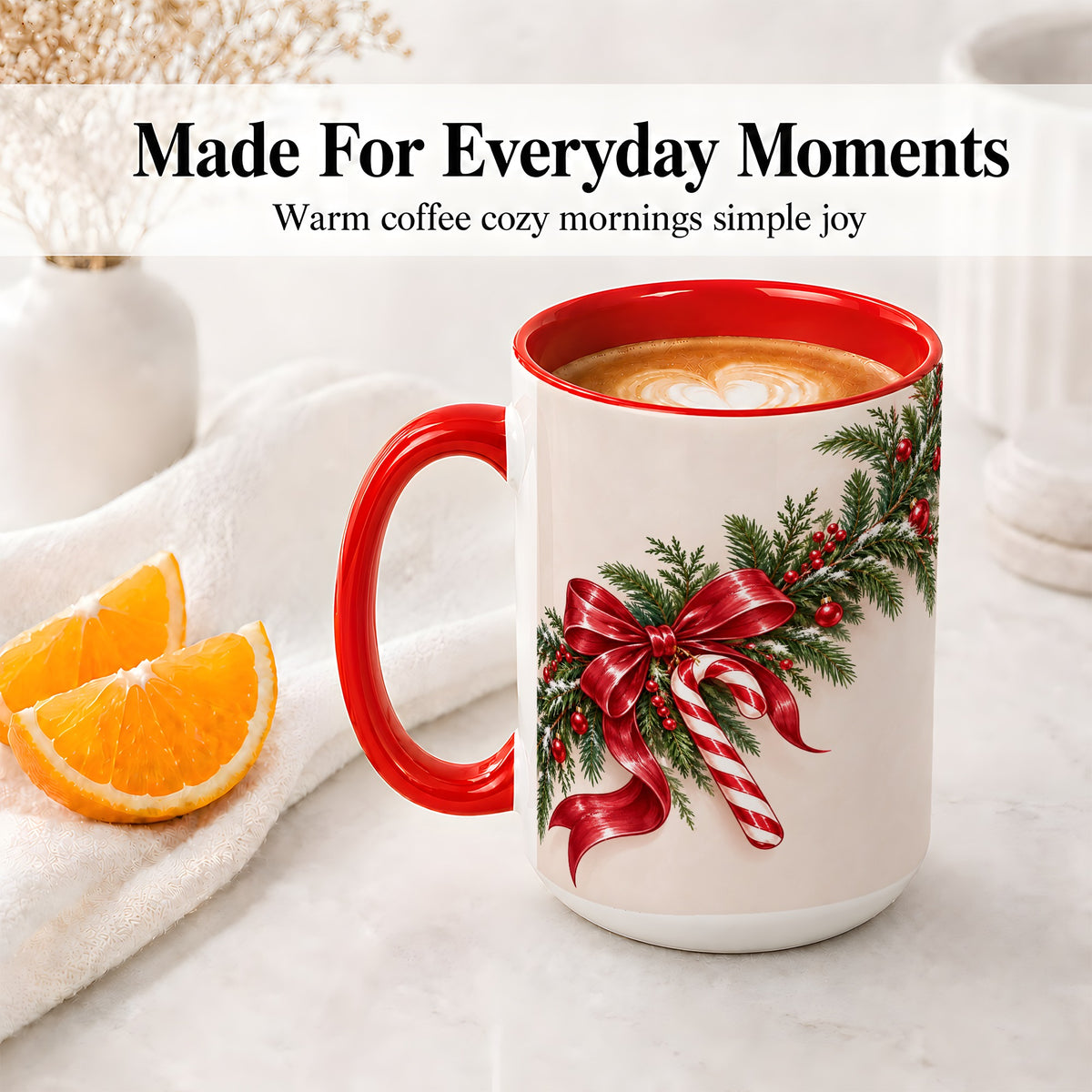 #pl[15oz|Red] Christmas Garland Accent Ceramic Mug, Red Bow Candy Cane