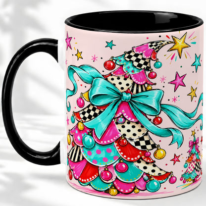 #pl[11oz|Black] Whimsical Christmas Tree Accent Ceramic Mug, Colorful Bow