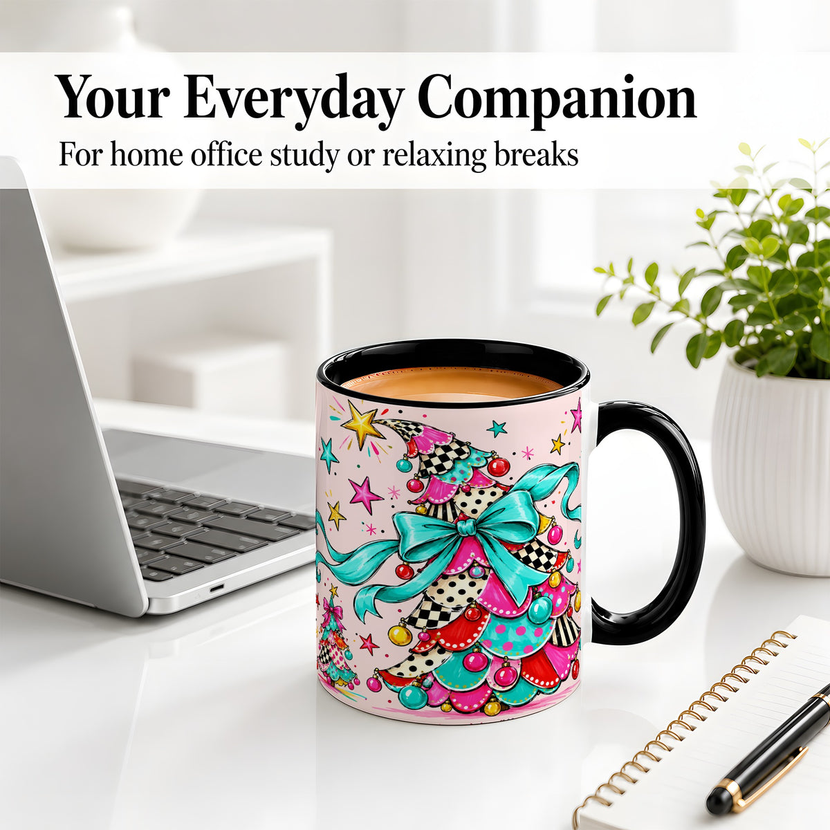 #pl[11oz|Black] Whimsical Christmas Tree Accent Ceramic Mug, Colorful Bow