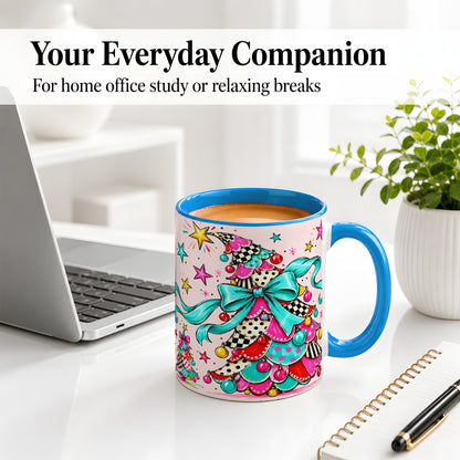 #pl[11oz|Blue] Whimsical Christmas Tree Accent Ceramic Mug, Colorful Bow