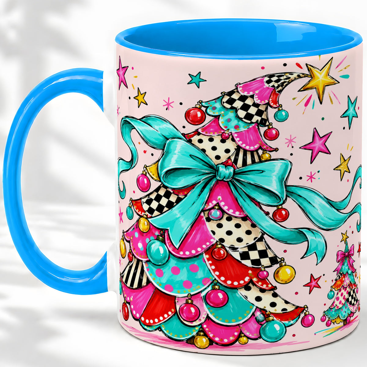 #pl[11oz|Blue] Whimsical Christmas Tree Accent Ceramic Mug, Colorful Bow