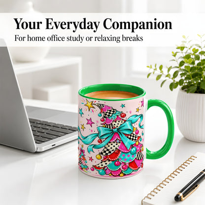 #pl[11oz|Green] Whimsical Christmas Tree Accent Ceramic Mug, Colorful Bow
